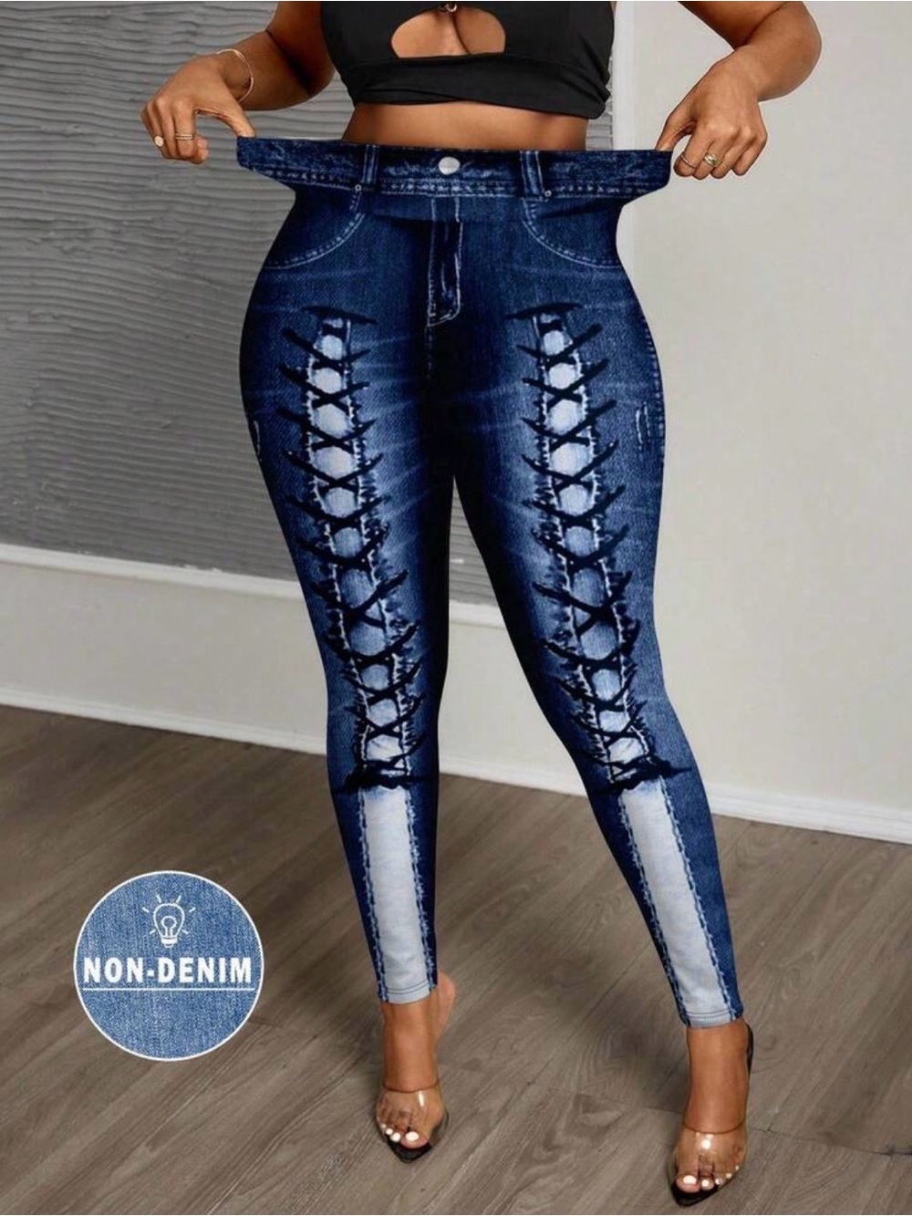 3/$25 SHEIN Dark Blue Lace-Up High-Rise Womens Jeggings